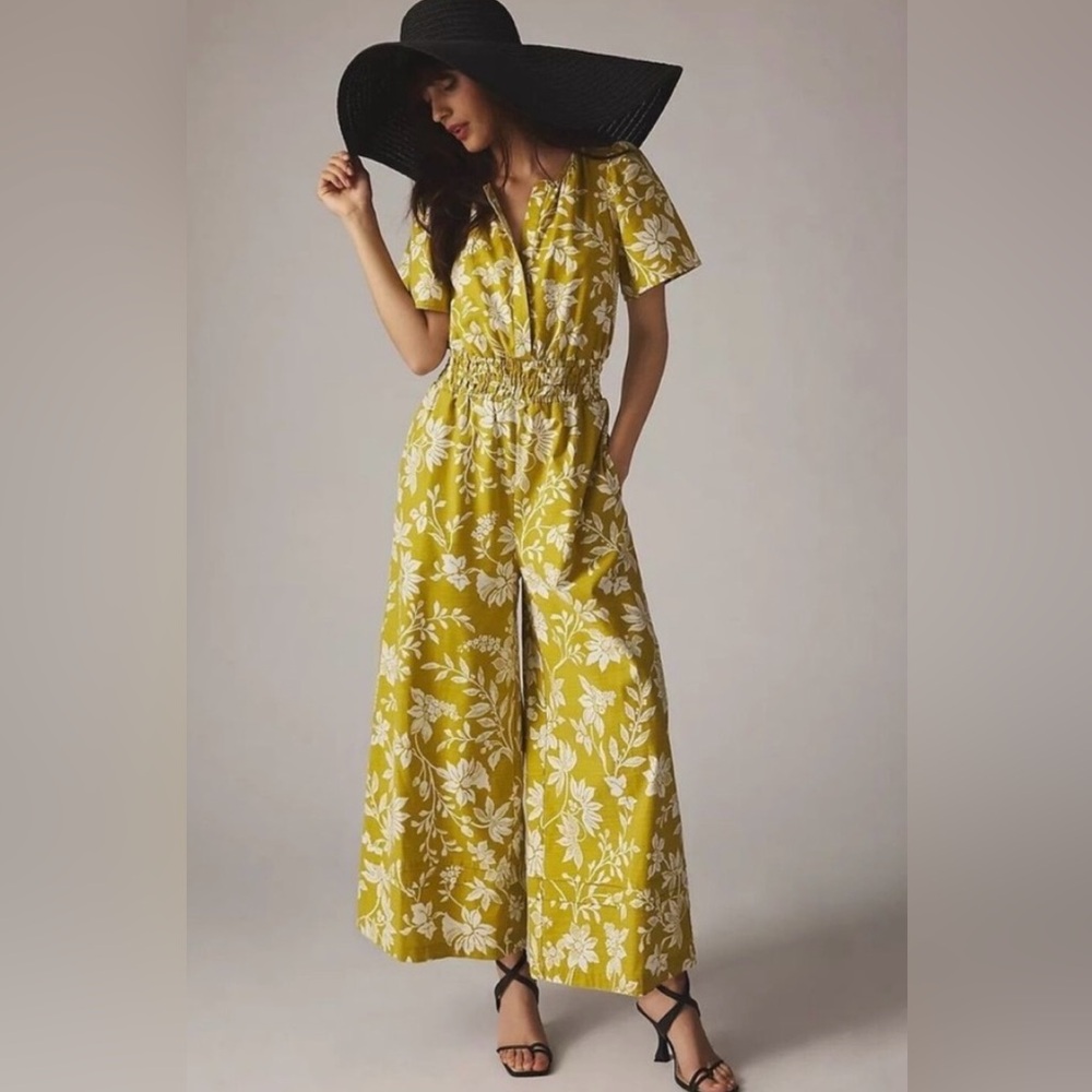 Anthropologie Somerset Jumpsuit Yellow Chartreuse Floral Cotton Size S NWOT